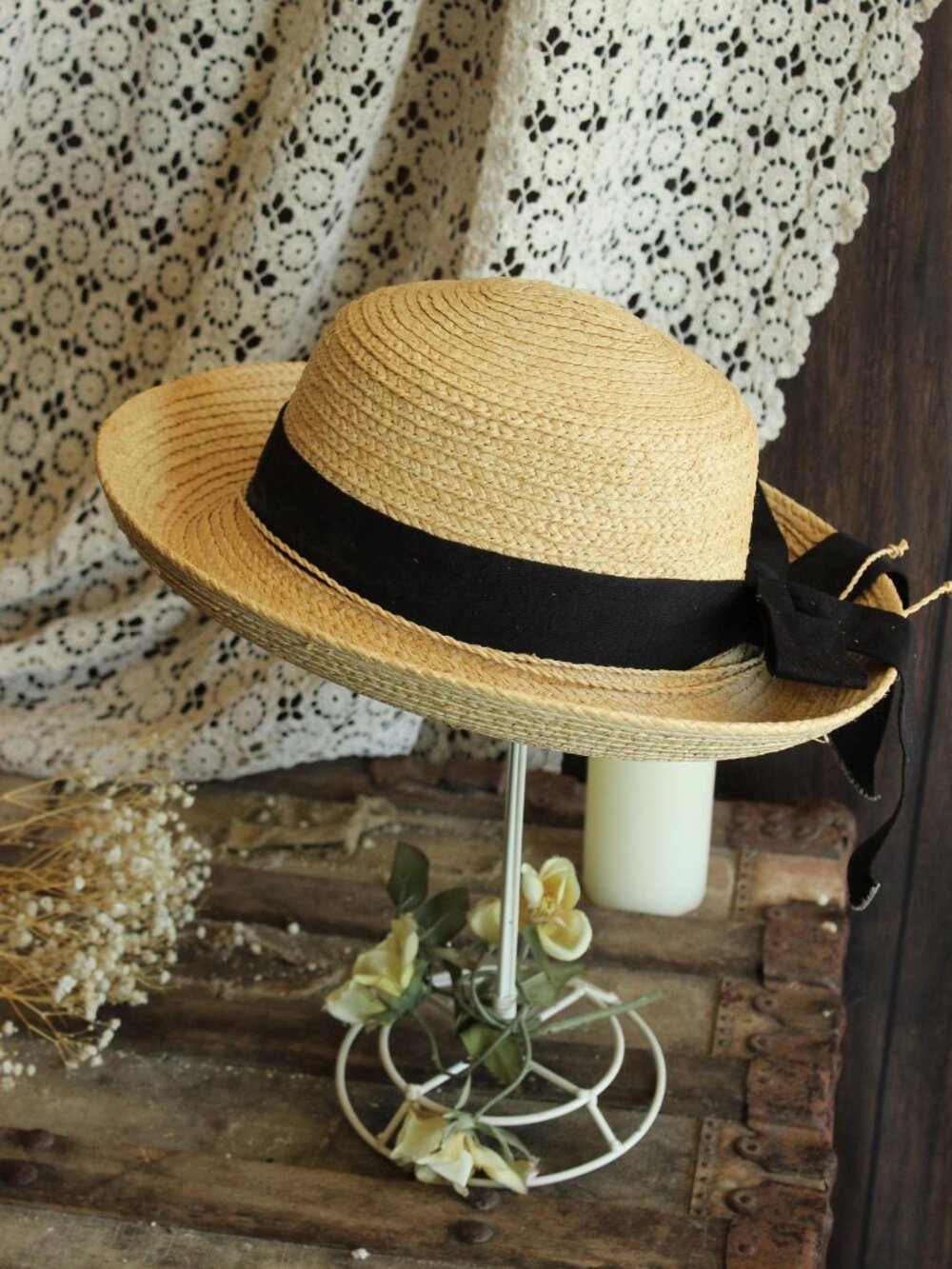 Vintage 1990s 2000s Hat, Scala Straw Wide Brimmed Sunhat with Black Ribbon, Mill - Picture 10 of 14